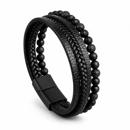Black Aura™ | Pulsera Premium de Cuero y Piedra Natural de Obsidiana para Hombre