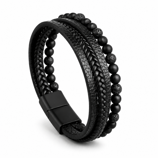 Black Aura™ | Pulsera Premium de Cuero y Piedra Natural de Obsidiana para Hombre